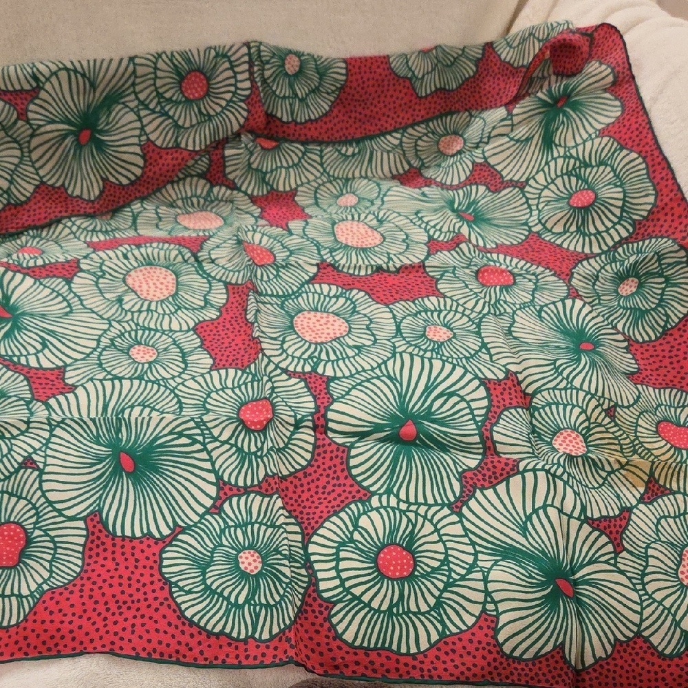 Dior Silk Abstract Floral Scarf in Red/Pink and Green, 29" x 29" - Picture 5 of 6